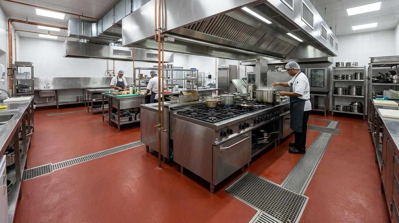 Commercial kitchen epoxy flooring is evident in this commercial kitchen
