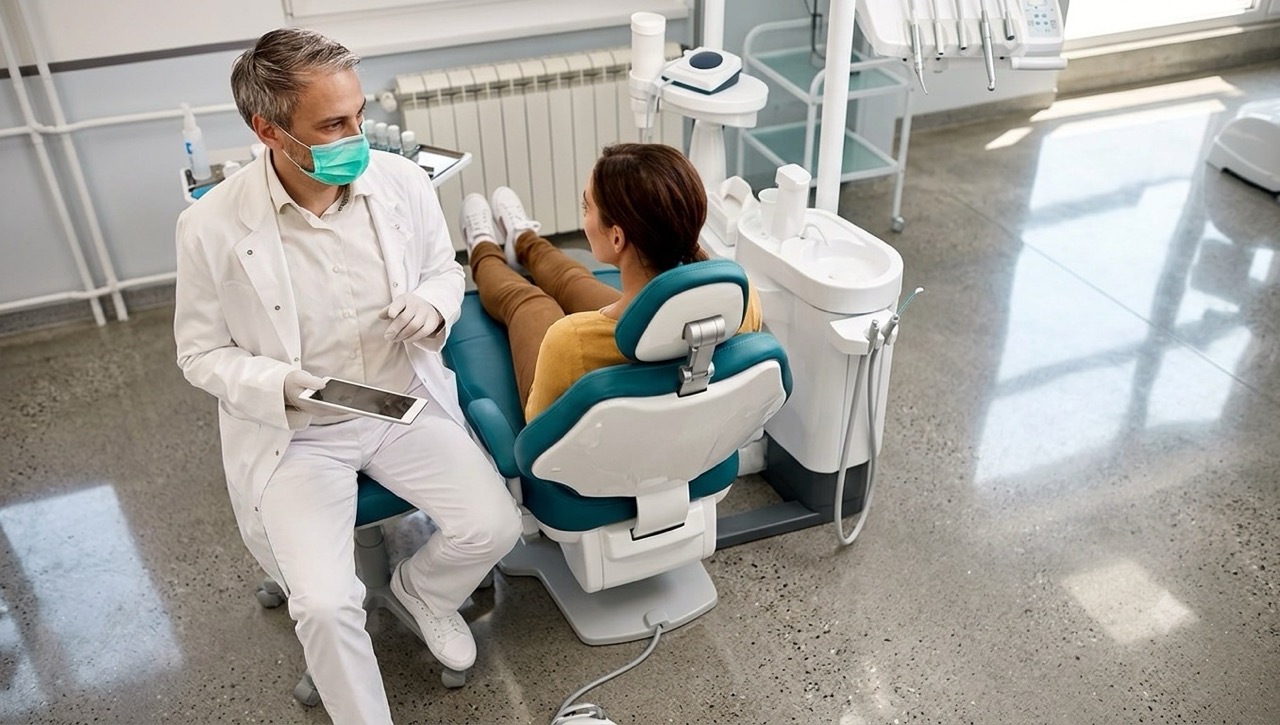 A friendly dentist interacting with a relaxed patient inside a clean treatment room featuring seamless dental office flooring.