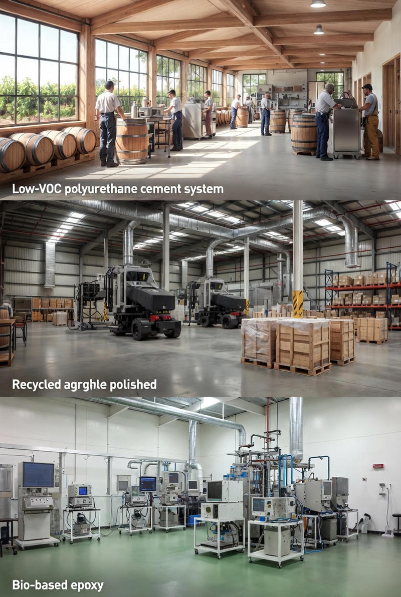 Comparing sustainable industrial flooring options including bio-based epoxy, recycled aggregate polished concrete, and low-VOC polyurethane cement.