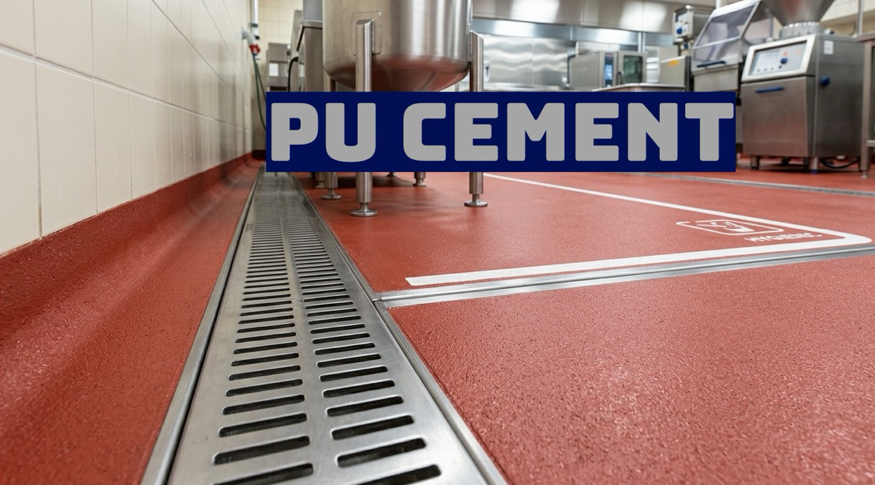 Illustrating why choose polyurethane cement. A heavy-duty, texturized red PU cement floor featuring custom coving up the wall and a stainless steel trench drain inside a commercial food processing kitchen. 