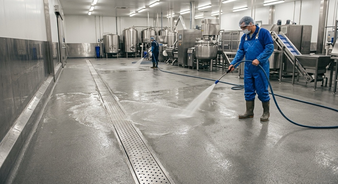 Alt Text: Comparing polyurethane cement food grade flooring durability against epoxy floor coatings in a commercial facility.